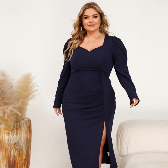 Plus Size Sweetheart Neck Split Midi Dress - Picture 1 of 8